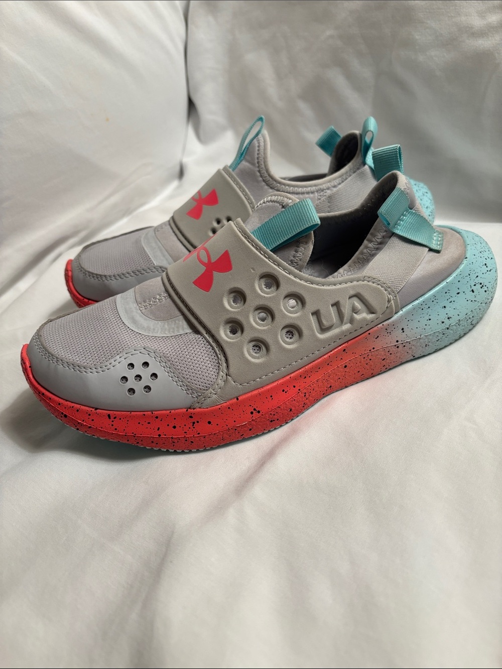 Under Armour Gray Slip-On Sneakers with Coral & Teal Gradient Midsole